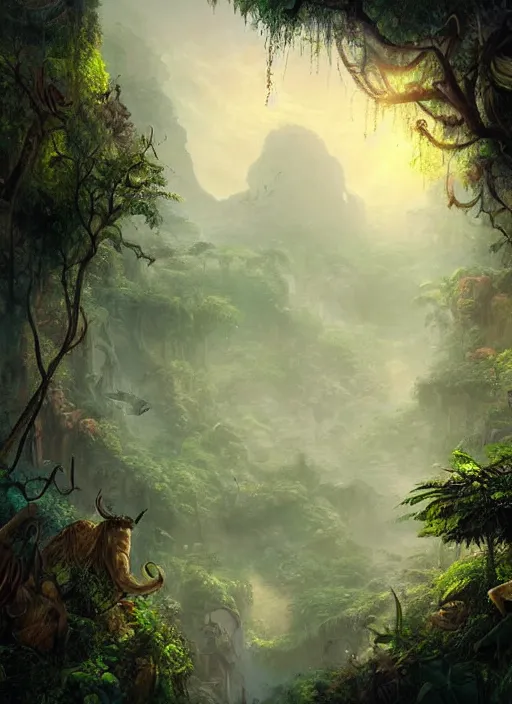 Prompt: a beautiful painting of the jungle in the morning with lots of smoke, fantasy art, matte painting