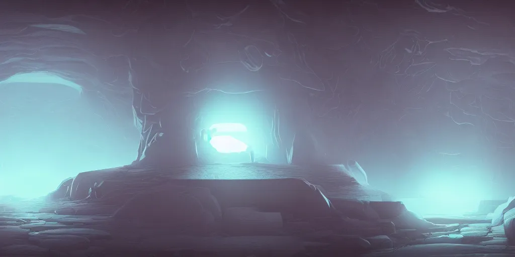 Image similar to Artwork by Beeple of the cinematic view of the Deadly Cave of Spirits, Infernal, Writings.