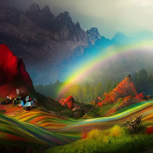 Image similar to beautiful rainbow mountains, mist and mushrooms, fantasy landscape, trending on artstation, 8k