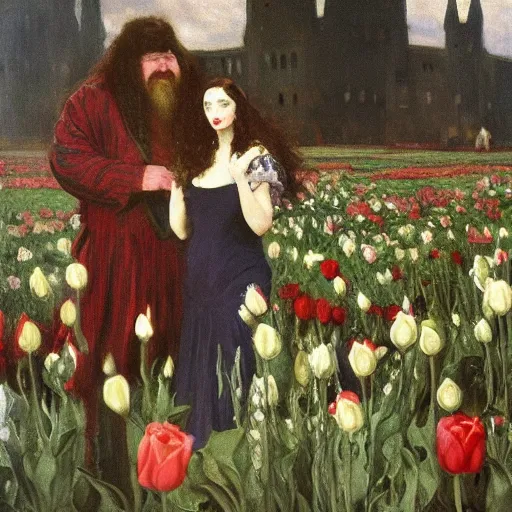 Image similar to hagrid the viking and morticia addams kiss in a field of tulips, masterpiece, highly detailed, oil on canvas, art by walter sickert, john singer sargent, and william open