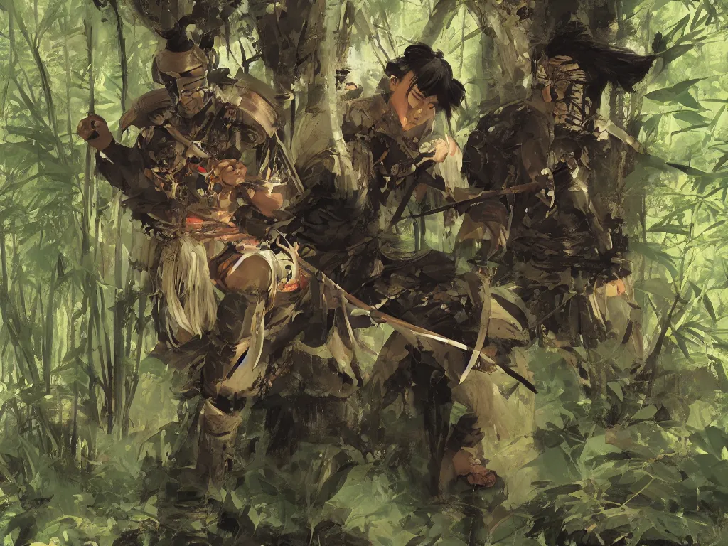 Image similar to a wandering samurai in full armor sitting in a dark bamboo forest, by huang guangjian and gil elvgren, sachin teng, greg manchess