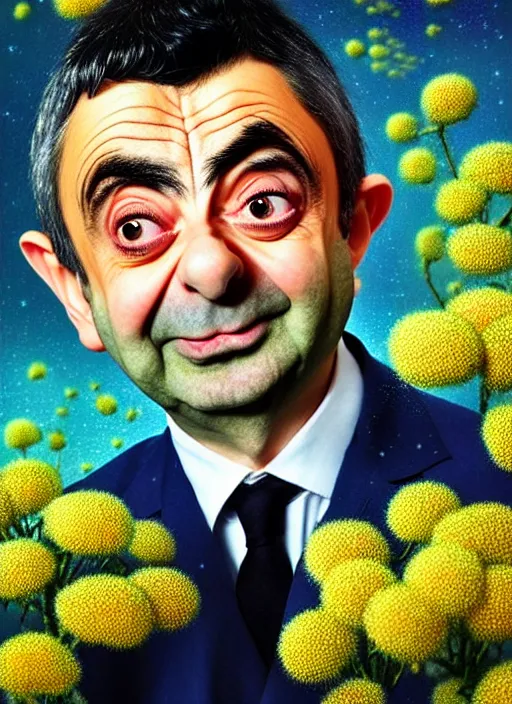 Image similar to hyper detailed 3d render like a Oil painting - kawaii portrait of Rowan Atkinson as Mr. Bean in Aurora seen Eating of the Strangling network of yellowcake aerochrome and milky Fruit and Her delicate Hands hold of gossamer polyp blossoms bring iridescent fungal flowers whose spores black the foolish stars by Jacek Yerka, Mariusz Lewandowski, Houdini algorithmic generative render, Abstract brush strokes, Masterpiece, Edward Hopper and James Gilleard, Zdzislaw Beksinski, Nicoletta Ceccoli, Wolfgang Lettl, hints of Yayoi Kasuma, octane render, 8k