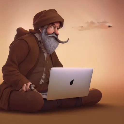 Prompt: chill gnome - like man, long brown beard, oversized brown mustache, macbook on his lap, wispy smoke, whimsical, art nouveau, photorealistic, octane render, unreal engine, mucha, magritte, artgerm, greg rutkowski, trending on artstation, super detailed, 8 k, control the soul