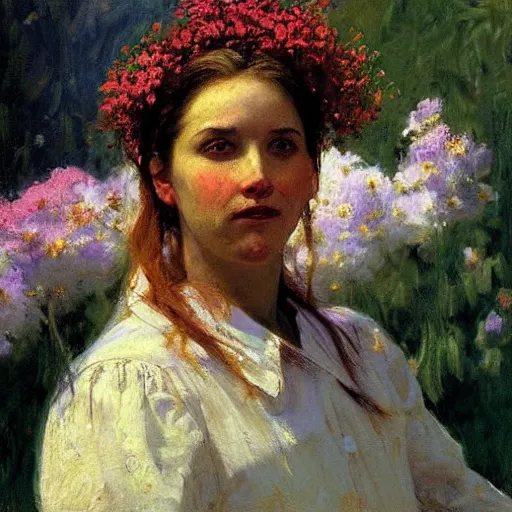 Image similar to portrait of a woman in the clouds with flowers by iliya repin