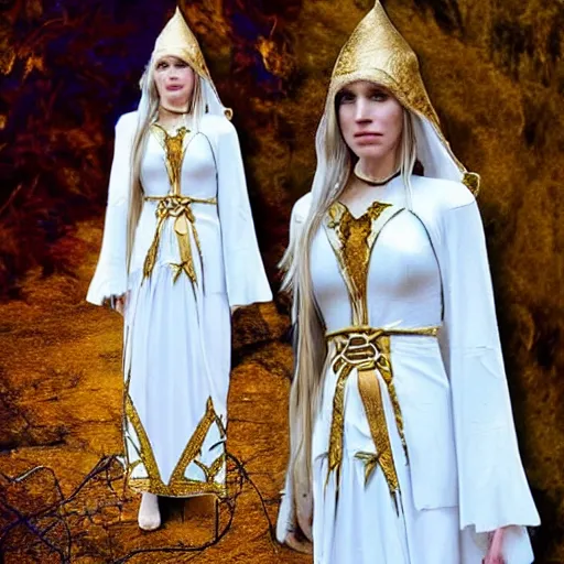 Image similar to perfect image of an elven woman dressed in white and gold