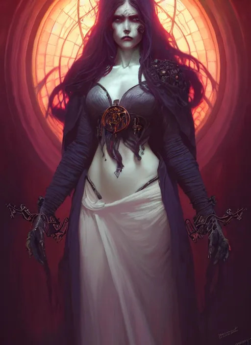 Image similar to Necromancer Sorceress, fantasy magic, undercut hairstyle, dark light night, intricate, elegant, sharp focus, illustration, highly detailed, digital painting, concept art, matte, art by WLOP and Artgerm and Greg Rutkowski and Alphonse Mucha, masterpiece