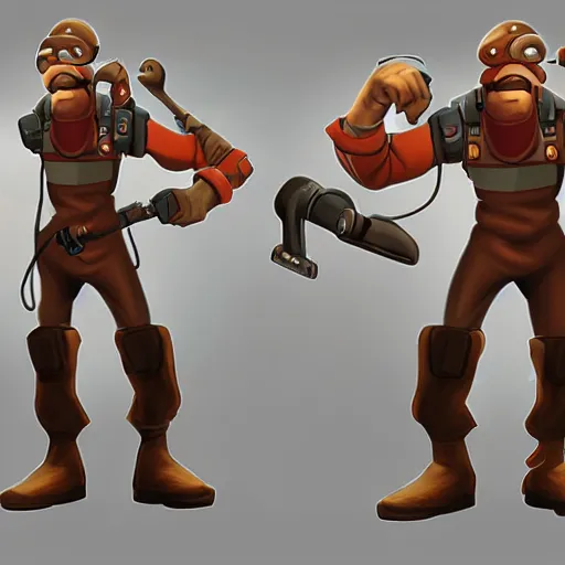 Image similar to character art of the engineer from team fortress 2, video game character art, concept art,