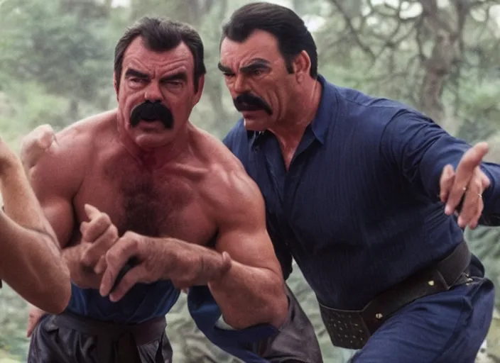 Image similar to film still of Tom Selleck and Charles Barkley fighting Ninjas in the new Bloodsport movie, 8k