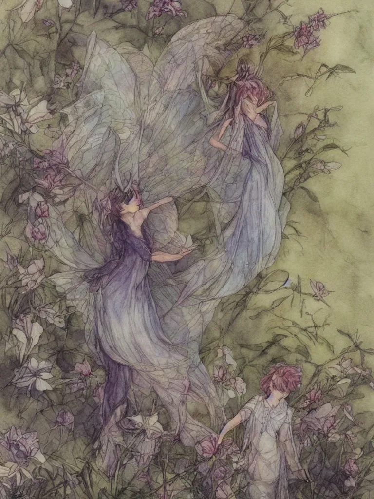 Image similar to study of a flower fairy, illustration, watercolor, alan lee, detailed, pretty, ethereal,