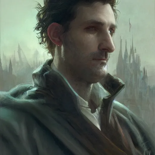 Image similar to closeup portrait of an artificer, furry ferret, male, dark hair, wizard, serious face, dungeons and dragons character, dramatic lighting, castle background, gorgeous view, realistic, high detail, digital art, painted by greg rutkowski, painted by jeremy mann, painted by alphonse mucha, trending on artstation