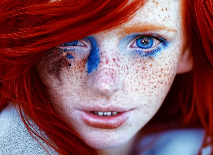 Image similar to award winning 8 5 mm close up face portrait photo of a redhead with deep red hair, freckles and blue eyes in a park by luis royo.