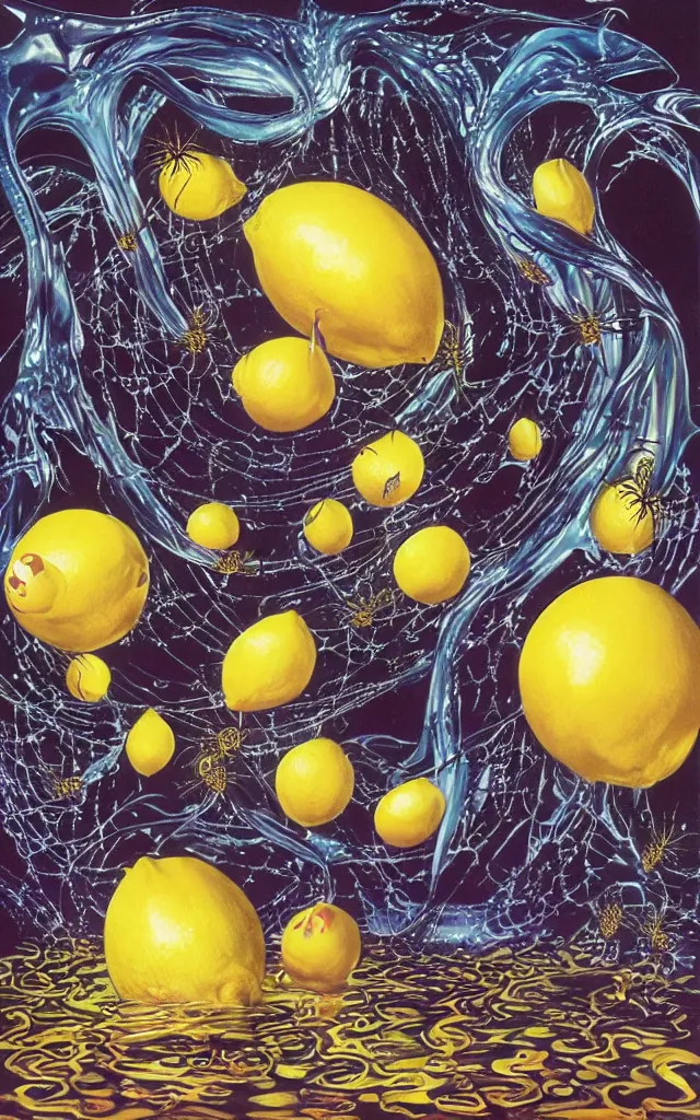 Prompt: big lemon surrounded by giant airbrushed spiders glimmering and drips of water, black background, airbrush fantasy 80s, masterpiece album cover