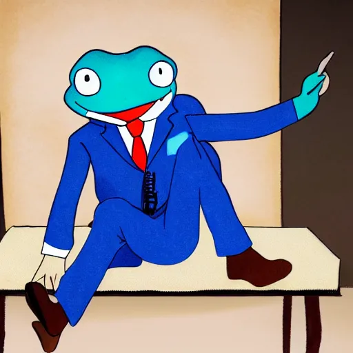 Prompt: professional portrait of a happy anthropomorphic blue frog wearing a suit crossing his arms sitting in an office chair, very intricate, very detailed,