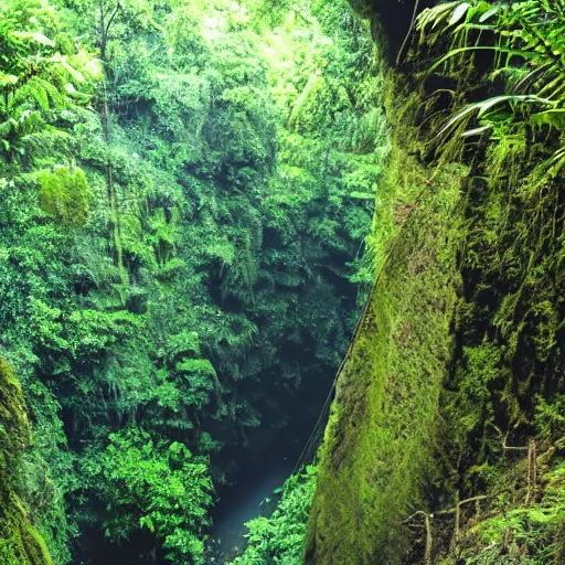 Prompt: a canyon in the middle of a tropical rain forest.