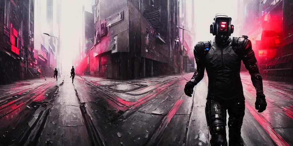 Image similar to Action portrait painting of a cyberpunk supersoldier villian character, armoured in athletic carbon suit head to toe, running towards camera in cyberpunk street, car explosion in background, rain, dark clouds atmosphere, wide shot, asymmetrical, profile picture, Organic Painting, sunset dark dramatic, matte painting, bold shapes, hard edges, street art, wide angle lens, trending on artstation, by Sachin Teng