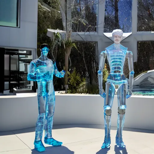 Prompt: made of ice, a realistic detailed photo of a guy who is an attractive humanoid who is half robot and half humanoid, who is a male android, on display, blank stare, showing off his muscles, shiny skin, posing like a statue, by the pool, frozen ice statue, f 1 driver charles leclerc, humanoid robot