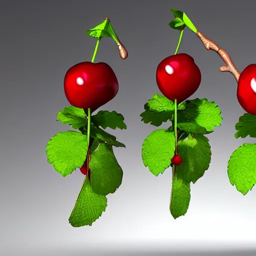 Prompt: Artstation digital art render three cherries on a branch