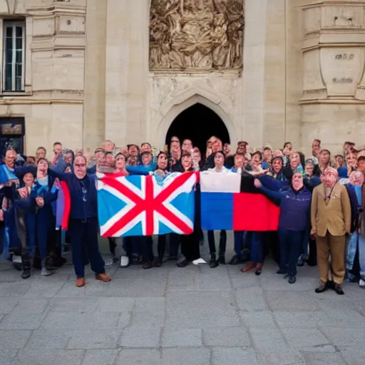 Prompt: a group of people, one from each country in europe, each holding the flag of their country