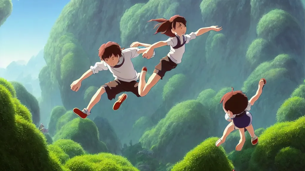 Image similar to game, press x to jump to another plataform, studio ghibli, pixar and disney animation, sharp, rendered in unreal engine 5, highly detailed, digital painting, artstation, smooth, sharp focus, illustration, wide angle, wallpaper, splash art, promo art, dramatic lighting, art by artgerm and greg rutkowski and bo chen and jin xiaodi