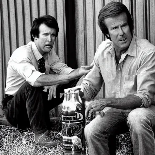 Prompt: kevin tighe with randy mantooth drunk, sitting by a dumpster drinking beer, many empty bottles lie around them