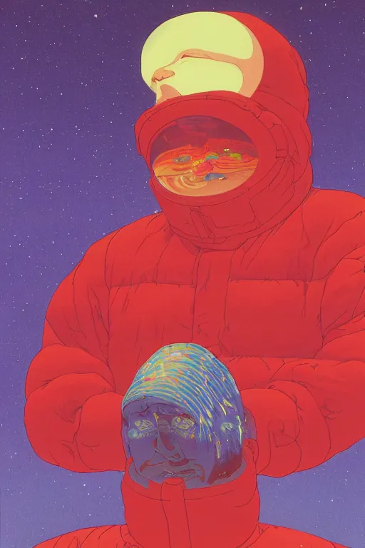 Prompt: a closeup portrait of a man tasting neon fireworks and blotter papers of lsd acid, dreaming psychedelic hallucinations in the vast icy landscape of antarctica, by kawase hasui, moebius and edward hopper, colorful flat surreal design, hd, 8 k, artstation