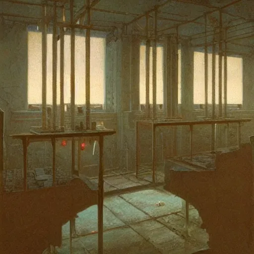 Prompt: painting of a scifi ancient civilzation victorian computer room with pillars, beksinski