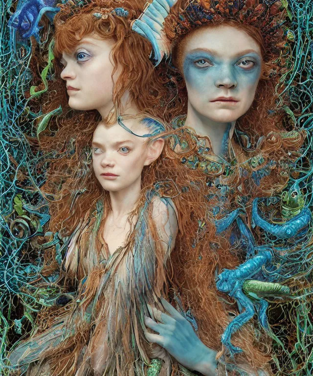 Prompt: a portrait photograph of a fierce sadie sink as an alien harpy queen with slimy amphibian skin. she is trying on blue bulbous slimy organic membrane parasitic harajuku fashion and transforming into an insectoid amphibian. by donato giancola, walton ford, ernst haeckel, brian froud, hr giger. 8 k, cgsociety