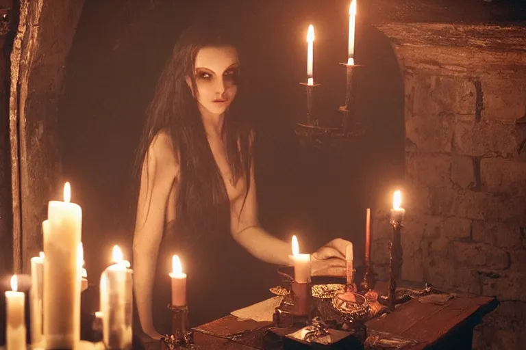 Image similar to VFX movie of levitating ascending beautiful goth woman in the decadent attic, demonic magic ritual, candles, glowing eyes, atmospheric natural lighting at night by Emmanuel Lubezki