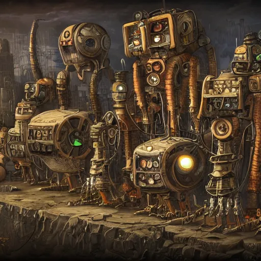 Prompt: robot city, steampunk art, fantasy style, super high detail, super high quality, talented artist, trending on artstation, machinarium