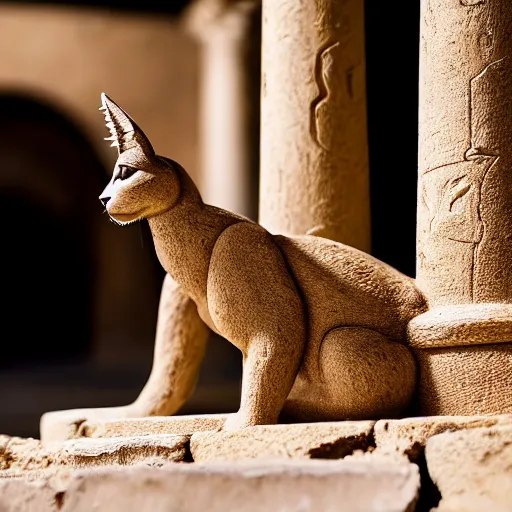 Prompt: a cinematic film still of a claymation stop motion film starring cute caracal, big wooden barrel, ancient greek city, marble temple columns, olive trees, shallow depth of field, 8 0 mm, f 1. 8