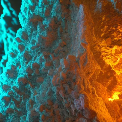 Prompt: foggy moody deep underground cave, microbiology bioluminescent, phosphorescent iridescent tunnel, uncanny uncomfortable uneasy, multicolor spectrum salt, cracks and moisture, rough basalt gypsom calcite, dim moody broken soft lighting, ultra detailed photorealism, DSLR, real footage, bloom, glow, real life