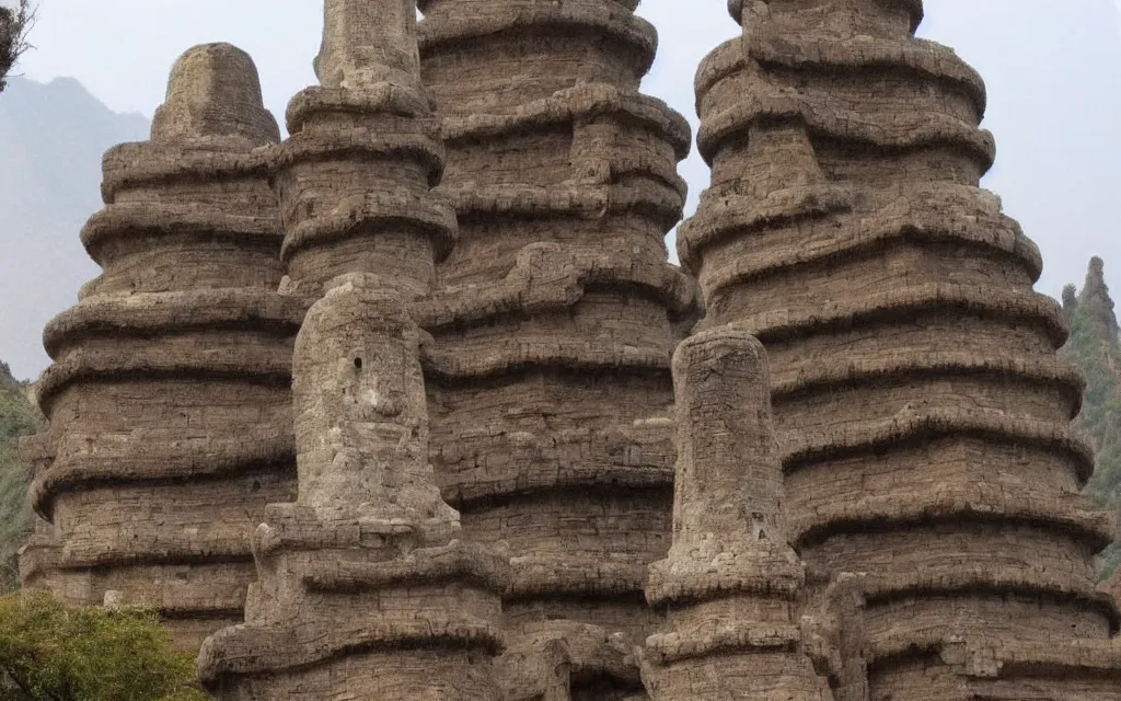 Prompt: twin chinese buddhist pagodas made of stone in a beautiful chinese landscape by vincent van gogh