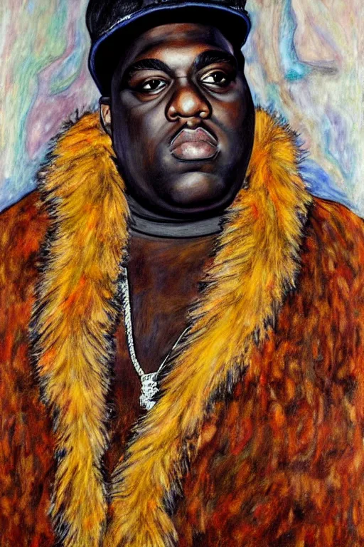 Prompt: a portrait of biggie smalls wearing boho - chic style clothes, with a fur muffler, full body!!, realistic painting in egon schiele style, masterpiece, hyperdetailed, complex, intricate, 4 k, hyperrealistic, trending on artstation