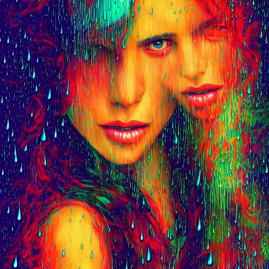 Image similar to bright asthetic portrait of LSD in rain with wet hair and face, liquid, fantasy, intricate, elegant, dramatic lighting, highly detailed, lifelike, photorealistic, digital painting, artstation, illustration, concept art, smooth, sharp focus, art by John Collier and Albert Aublet and Krenz Cushart and Artem Demura and Alphonse Mucha