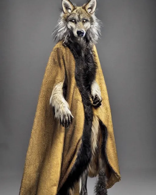 Image similar to Tall emaciated man wolf hybrid, covered in matted fur, he has yellow wolf eyes, a long bent rat like tail, long coyote like ears, and is Wearing a cape with a Top Hat, highly realistic, Rick Baker style, photoreal, photograph in the style of Annie Leibovitz, Studio lighting