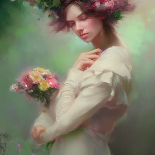 Image similar to beautiful woman, flowers, pastel colors, pearlescent, fantasy, featured on artstation, in the style of daniel gerhartz and krenz cushart, Alexis Franklin, Thomas River, WLOP, Artgerm