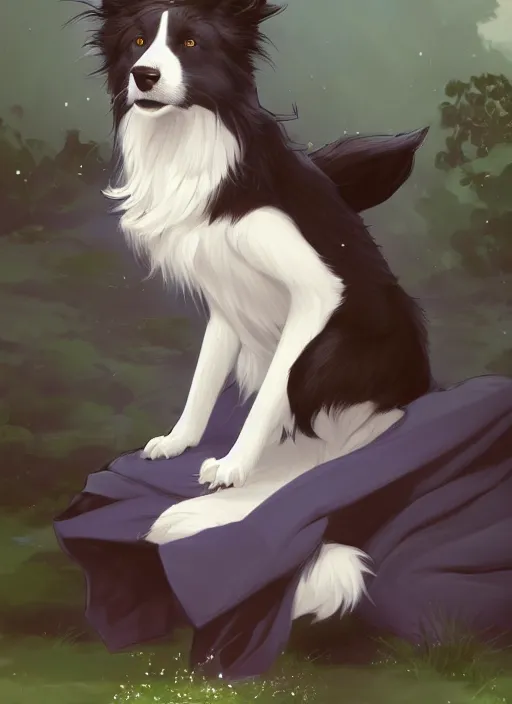 Prompt: wide angle beautiful full body portrait of a cute male anthropomorphic anthro border collie fursona wearing indigo robes in a park, character design by charlie bowater, henry asencio, and ross tran, disney, anime, scenic background, detailed, glamor pose, aesthetic, trending on artstation, furaffinity, deviantart