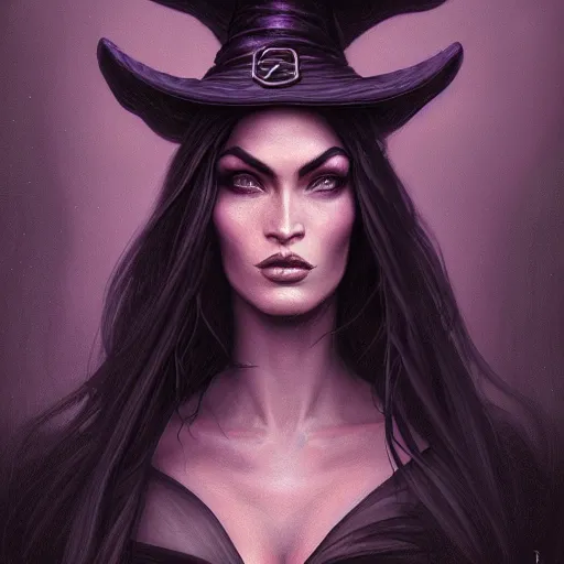 Image similar to an insanely detailed portrait of a beautiful witch that looks like megan fox with long dark purple hair, wearing black witch hat, in the style of peter mohrbacher, artgerm, dramatic lighting and composition, octane render, trending on artstation, concept art 8 k