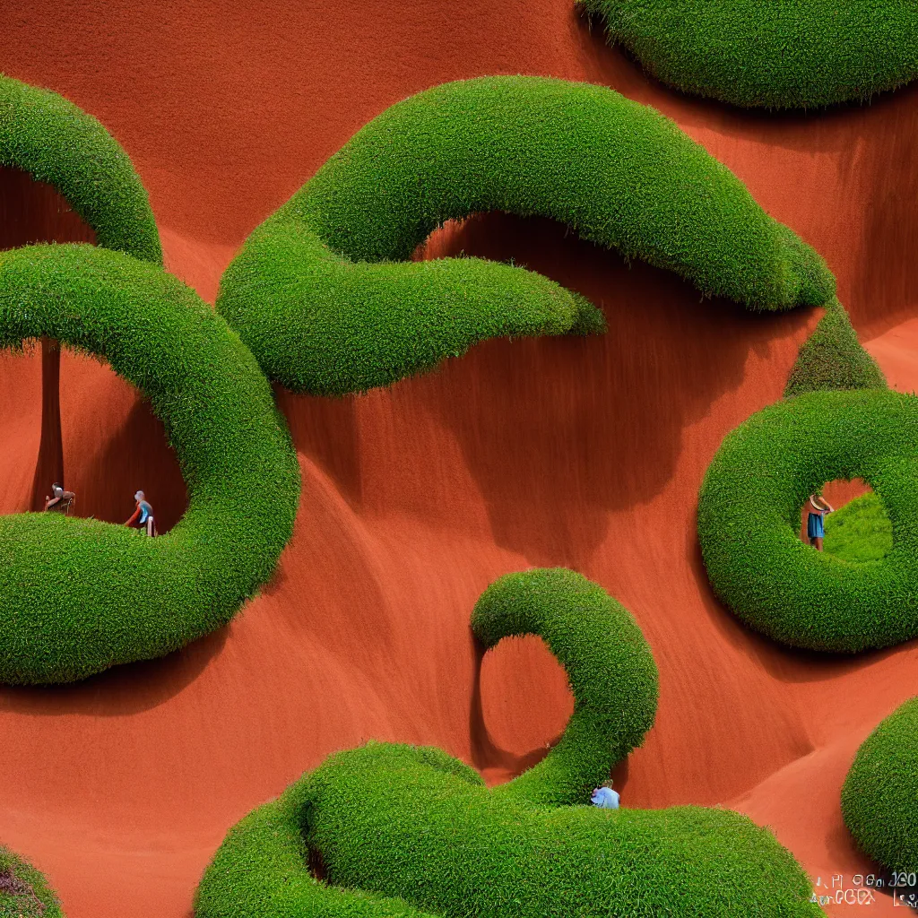 Prompt: torus shaped electrostatic water condensation collector tower, irrigation system in the background, vertical gardens, in the middle of the red clay desert, XF IQ4, 150MP, 50mm, F1.4, ISO 200, 1/160s, natural light