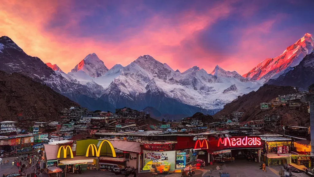 Prompt: sunset moody picture of the Himalayan mountain range with a large McDonalds restaurant ilocated on a glacier in the front middle of the picture, landscape photography