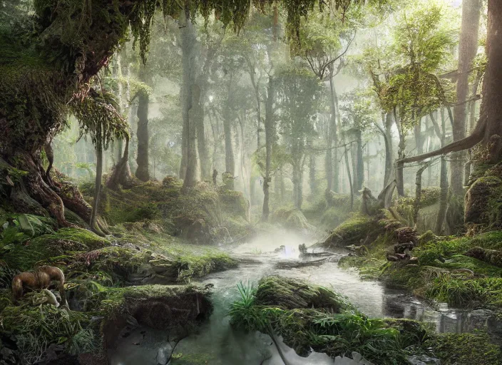 Prompt: hyperrealism, detailed textures, photorealistic, 3 d render, a surreal mystical forest with a bright winding creek with a herd of wooly mammoths grazing, ultra realistic cinematic, intricate, cinematic light, concept art, illustration, art station, unreal engine