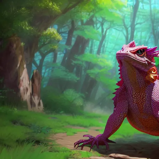 Prompt: concept art painting of an anthropomorphic anime style bearded dragon wearing magenta wizard robes, in the deep forest, realistic, detailed, cel shaded, in the style of makoto shinkai and greg rutkowski and james gurney