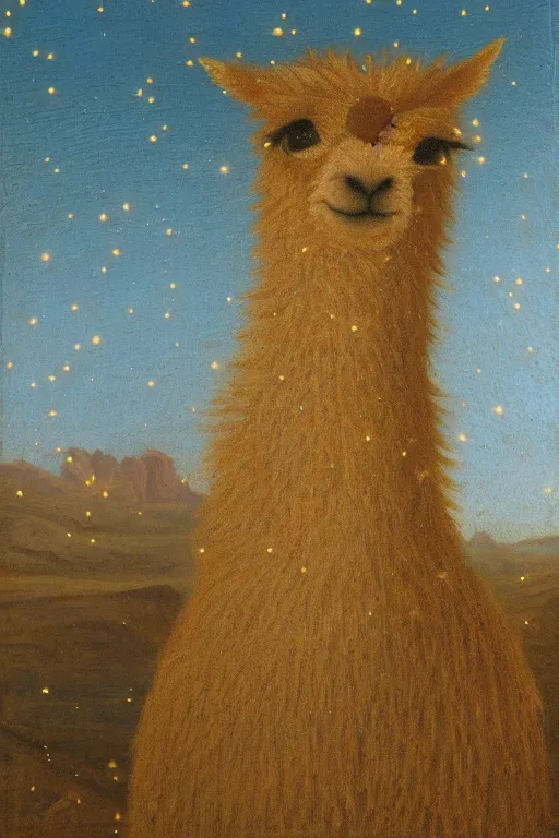 Image similar to detailed renaissance oil painting of an alpaca shaped building standing in the desert of pastel feathers lit by small fireflies at night