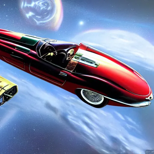 Image similar to a retro sci fi wallpaper of a jaguar e - type series 1 roadster flying in space, realistic, outer space only