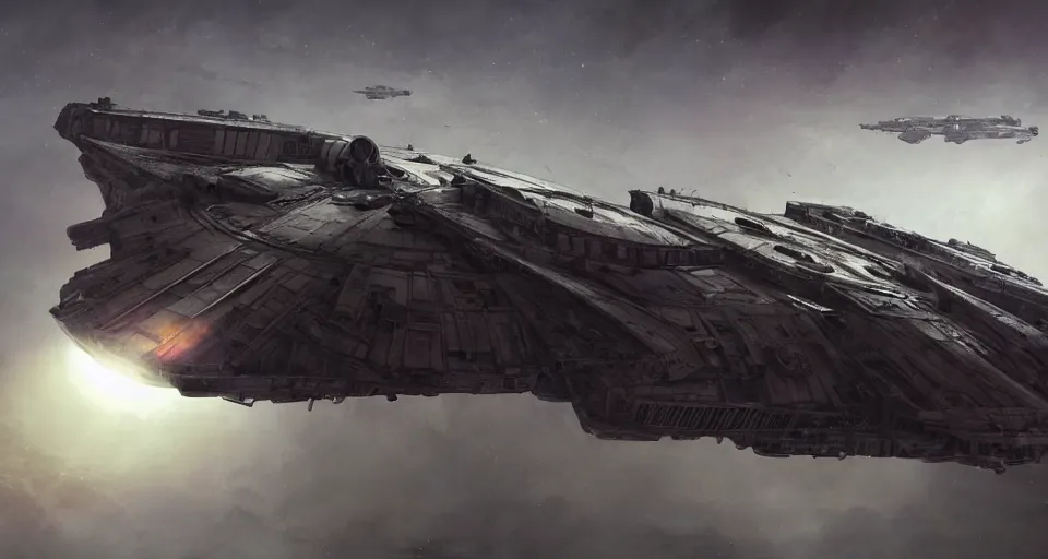 Prompt: a highly detailed epic cinematic concept art CG render digital painting artwork: very simple symmetrical Soviet dieselpunk Millenium Falcon in empty darkness of space. By Greg Rutkowski, Ilya Kuvshinov, WLOP, Stanley Artgerm Lau, Ruan Jia and Fenghua Zhong, trending on ArtStation, subtle muted cinematic colors, made in Maya, Blender and Photoshop, octane render, excellent composition, cinematic atmosphere, dynamic dramatic cinematic lighting, precise correct anatomy, aesthetic, very inspirational, arthouse