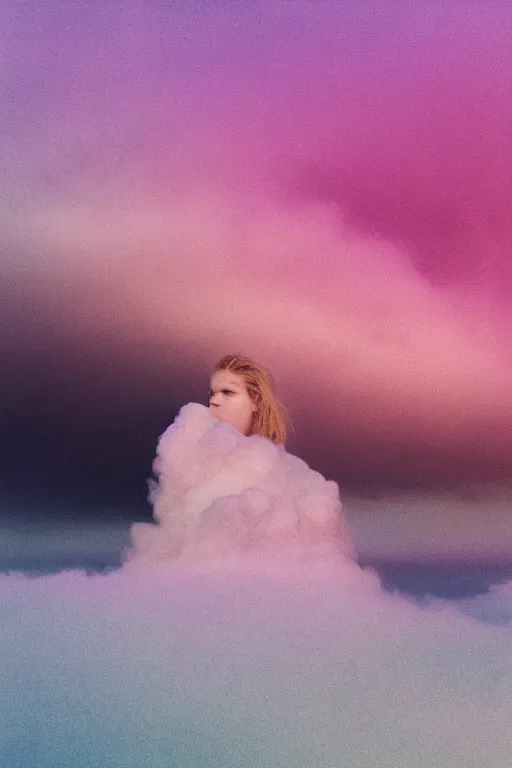 Image similar to high quality pastel coloured film close up wide angle photograph of a model wearing clothing resting on cloud furniture in a icelandic black rock!! environment in a partially haze filled dreamstate world. three point light, rainbow. photographic production. art directed. pastel colours. volumetric clouds. pastel gradient overlay. waves glitch artefacts. extreme facial clarity. 8 k. filmic.