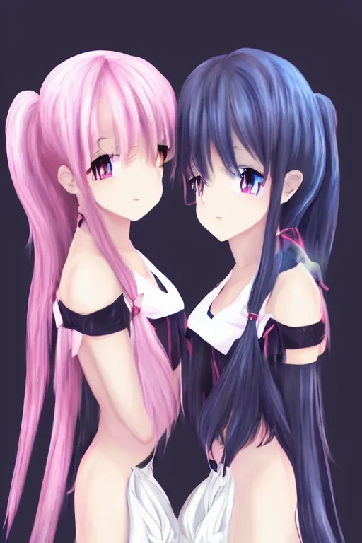 Image similar to two beautiful female idols with twintails facing each other, dark background, anime art