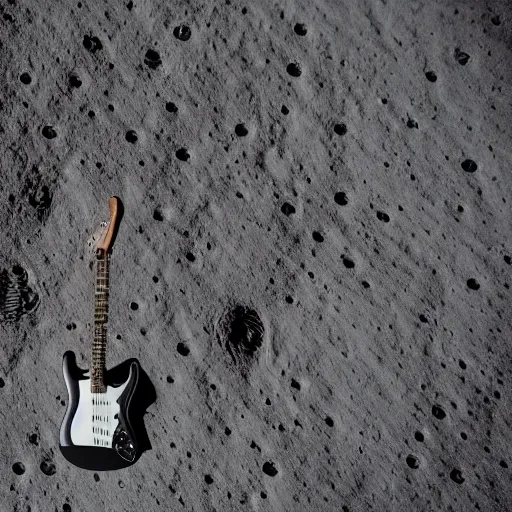 Image similar to photo of a stratocaster electric guitar standing idle on the moon. detailed. 8k