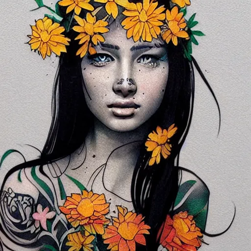 Image similar to tattoo design, stencil, traditional, beautiful portrait of a girl with flowers in her hair by artgerm, artgerm, digital art