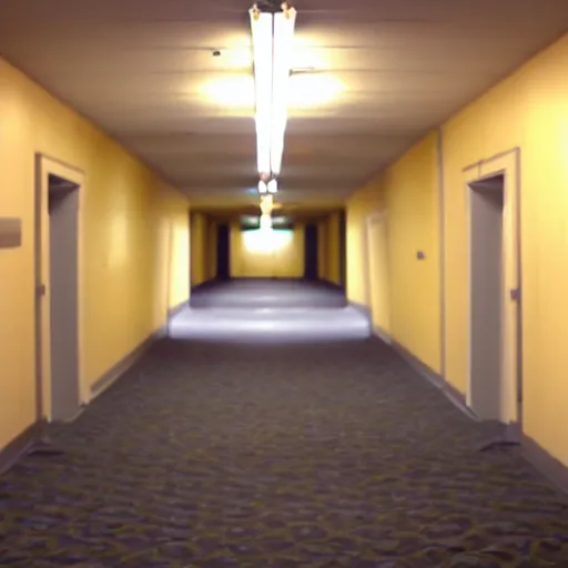 Image similar to an empty yellow hallway, liminal space, vhs recording